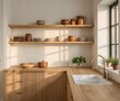 © studio thibautdmvl - Scandinavian kitchen with open shelves and herbs, bright natural morning light photo
