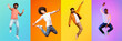 © Prostock-studio - A lively collection showcases diverse men jumping with excitement against colorful bright backgrounds.