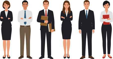 Professional business people standing in a row, diverse corporate team illustration, formal office dress code, team members group, cad drawing flat vector illustration