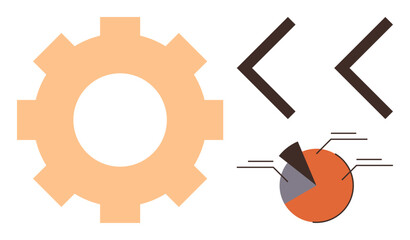 Gear, angled brackets, and pie chart with segments and lines for technology, development, data analysis, system operations, software coding, teamwork and functionality. Ideal for simple flat