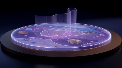 An abstract 3D rendering featuring a illuminated circular stage with floating objects, and a transparent structure