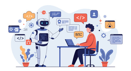 Ai robot assisting developer with coding tasks in modern workspace