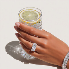 Wall Mural - Hand Holding Lemon Water with Diamond Ring and Bracelet