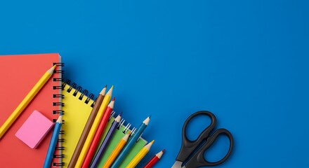Vibrant school supplies on blue background notebooks, pencils, and scissors ready for an academic year of learning and creativity.