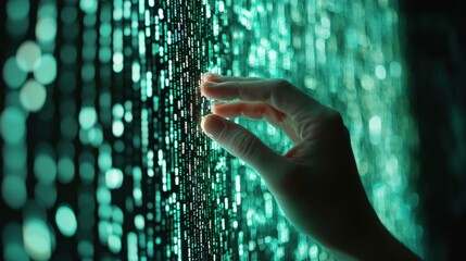 Hand interacting with digital binary code wall