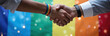 © miss irine - Two men shake hands, one wears rainbow wristband. Event fosters LGBTQ connections, idea sharing, pro growth. Celebrate diversity, inclusion, community support at this networking mixer.