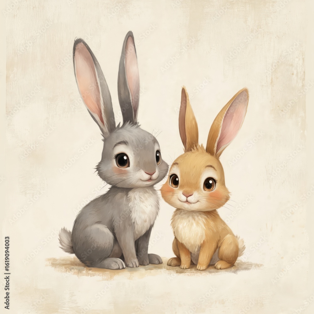 Two adorable cartoon rabbits, one grey, one tan, sit together on ...