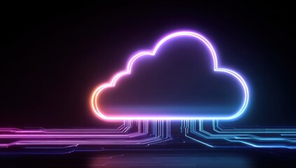 digital technology cloud concept with glowing neon light lines and circuit board elements on a dark 