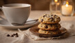 © miss irine - Three chocolate chip cookies stacked on plate next to white cup of coffee. Scattered chocolate chips and sugar crystals add detail. Blurred background with lit candles creates warm, cozy atmosphere.
