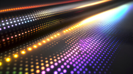Wall Mural - Dynamic abstract background with glowing vibrant dots creating futuristic light trails on a dark textured surface, ideal for technology and digital concepts.