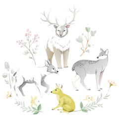 Naklejka na meble Watercolor animals with floral elements evoke a gentle and serene atmosphere