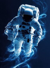 Wall Mural - An astronaut, luminous and ethereal, floats amidst swirling, electric-blue nebulae against a deep, dark space background
