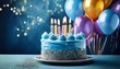 © Malin - delicious blue birthday cake with lit candles and colorful balloons celebrating a special occasion