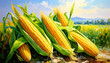 © Natheepong - group of corns placed in front cornfield farm with morning sunlight and clear sky as background. oil painting. cover design, Agricultural product labels