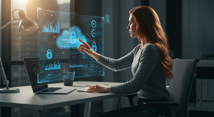 Cloud Tech Pioneer: A determined woman, seated at a modern desk, engages with an interactive holographic display, showcasing cutting-edge cloud technology with encryption, security and data analysis.