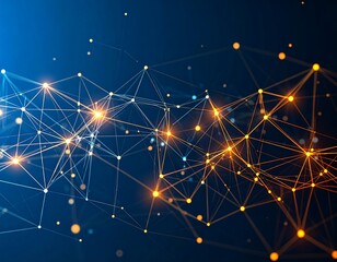 Abstract network of interconnected nodes and lines, glowing with orange and blue light, on a dark background