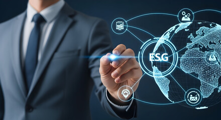 Man touches global ESG icon, showing environmental strategy, social responsibility, background technology