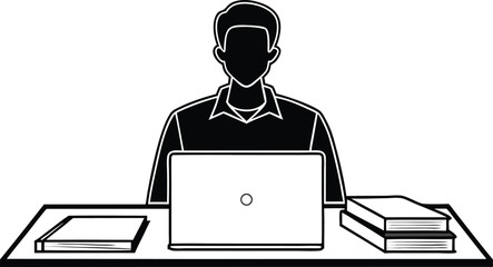 Silhouette of a person working on a laptop at a desk with books and a notebook in clean black and white style