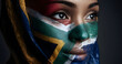© Daniel - Portrait, woman and South African flag for national pride, heritage and culture with support. Face, person and country banner for loyalty, patriotism and symbol for democracy with confident citizen