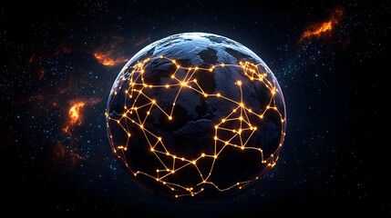 Wall Mural - it showcases a dark planet with illuminated connected nodes resembling a network, set against a back