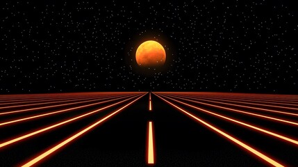Wall Mural - the image depicts a retro-futuristic landscape complete with vibrant orange grid lines leading towar