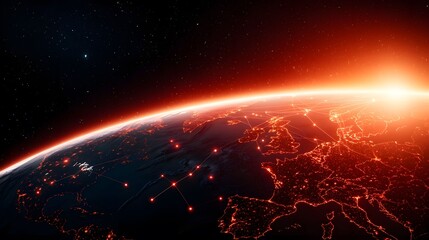 Wall Mural - a dynamic image displays earth from space, bathed in a fiery red glow, with interconnected lights re
