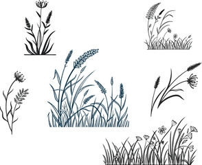hand drawn grass field outline scribble background set