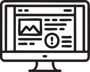 Line Art Vector Of Computer Screen Displaying Website Page With Image Text And Warning Symbol In Minimal Outline Style Design


