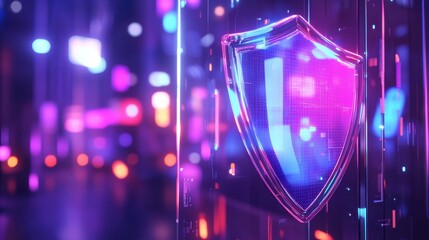 Wall Mural - a vibrant shield encapsulated in a futuristic setting. the image displays bright neon colors and dig