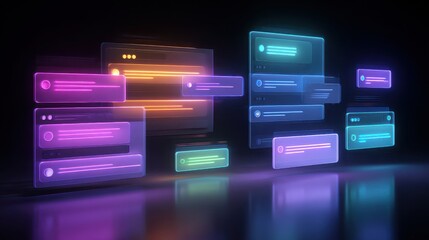 Neon message boxes on dark background, communication and technology concept