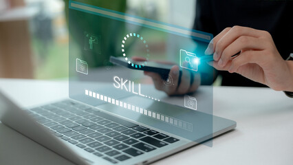 Wall Mural - concept of digital upskilling progress with futuristic interface, showing online learning, skill dev