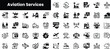 © Purlo Hop - A diverse collection of black and white icons representing various aviation services, highlighting elements like aircraft, helicopters, and transportation logistics.
