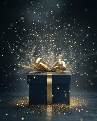 Wall Mural - beautiful gift box with sparkling lights and golden bow decoration