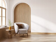 © LEKSTOCK 3D - MInimal and warm living room interior with Serene Corner with Natural Light, wooden floors, and an armchair against warm white walls.3d render