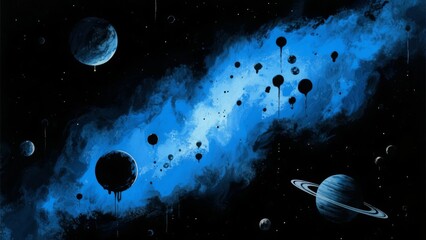 Wall Mural - Vibrant Cosmic Scene with Planets and Blue Nebula