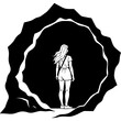 © MartArt26 - Sketchy emblem of tourist hesitantly enters a dark cave. Engraving minimalistic vector in black ink drawing on transparent background