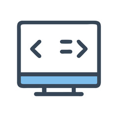 Flat design computer monitor illustration with coding symbol inside