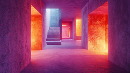Wall Mural - Mysterious hallway illuminated by red light creating an enigmatic atmosphere for exploration and discovery