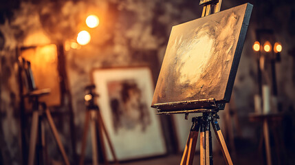 Wall Mural - An artistic painting displayed on a tripod in a brightly lit studio with surrounding art supplies