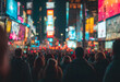 © Daniel - Crowd of people walking in a vibrant city street illuminated by colorful digital billboards at night