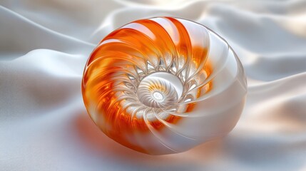 Abstract glass orb with spiral design on draped fabric.