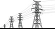 © Biplob Creatives - High voltage electricity pylons, power transmission towers, energy lines vector, black silhouette, electric infrastructure, utility cables, industrial grid, landscape view