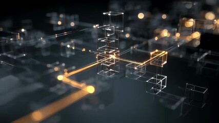 Wall Mural - Glowing lines connect transparent cubes, symbolizing data flow and processing in a complex network, highlighting innovation and technological advancement in a dark, abstract space