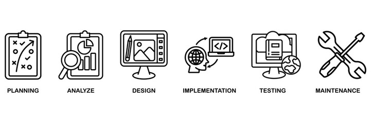 Software development icon set vector illustration concept with icon of planning, analyze, design, implementation, testing, integration, and maintenance