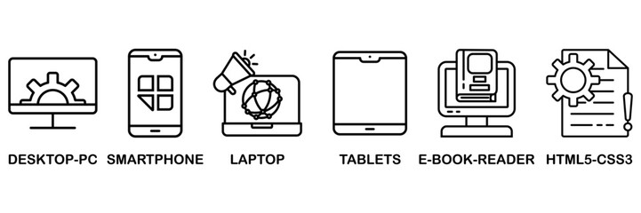 Responsive web design icon set vector illustration concept with icon of desktop-pc, smartphone, laptop, tablets, e-book-reader and html5-css3