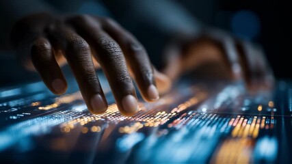Wall Mural - close up of hands interacting with glowing lines of code displayed on an innovative touchscreen inte