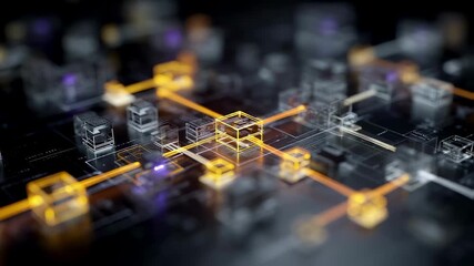 Wall Mural - complex network of interconnected digital cubes transferring data through glowing lines, representin