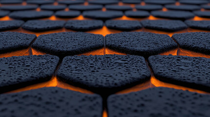 Wall Mural - abstract close-up view of hexagonal texture with droplets on dark surface illuminated by warm glowin