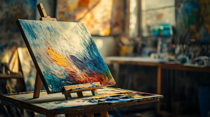 Wall Mural - Striking landscape painting on an easel in a well-lit art studio with brushes and palette nearby