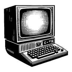 vintage retro personal computer old desktop monitor with keyboard black and white outline line art d